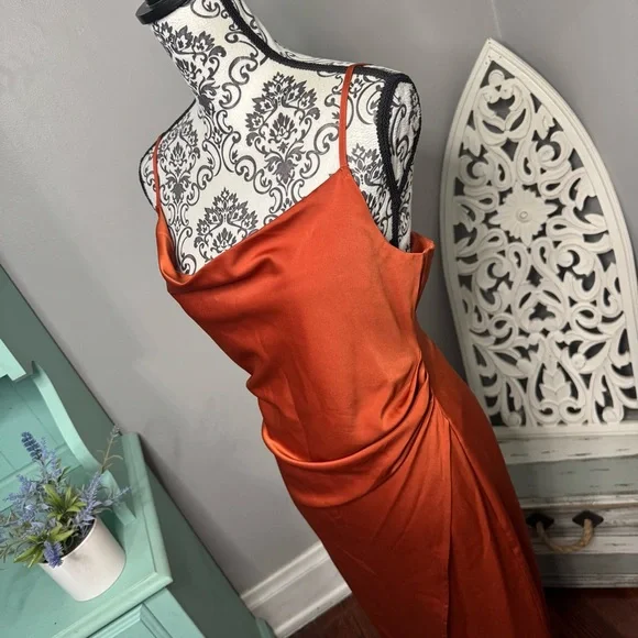 Lulus Satin Drape Midi Slip Dress Size Large Rust Orange Wedding Guest - Picture 5 of 10